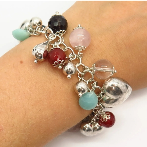 925 Sterling Silver Italy Multy-Color Gem Heart Design Cha Cha Link Bracelet 7" - Picture 1 of 8